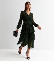 New Look Dark Green Plisse Glitter V Neck Long Sleeve Tiered Midi Dress